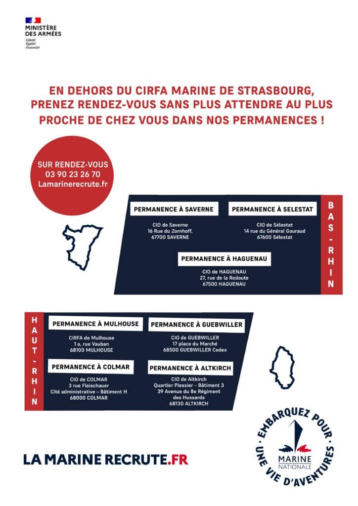 Rejoignez la Marine Nationale près de chez vous. Prenez rendez-vous dans l'une de nos permanences à Mulhouse, Colmar, Saverne et plus encore.