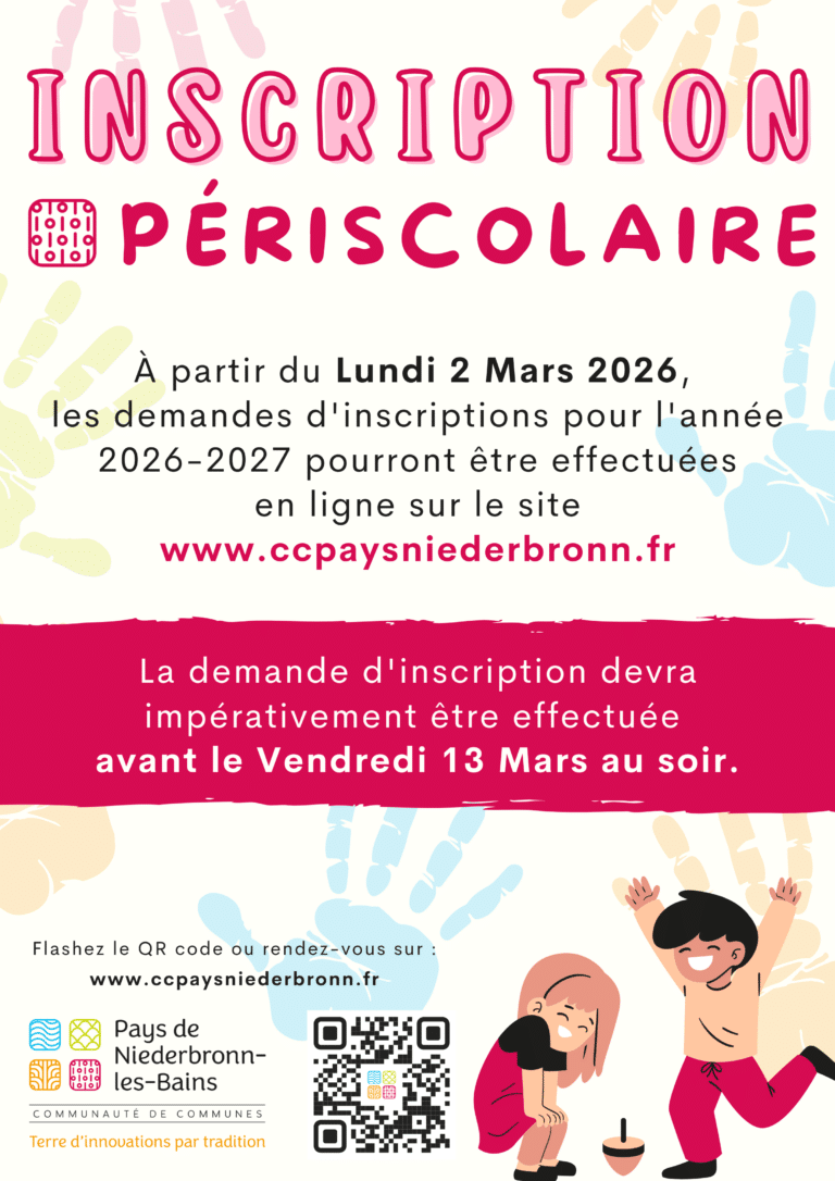 Affiche des inscriptions périscolaires 2026-2027 à Oberbronn avec dates et lien d’inscription en ligne